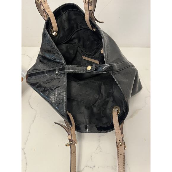 Michael Kors Black Patent Tote Shoulder Bag Logos, Tan Straps Casual Preppy - Picture 5 of 9